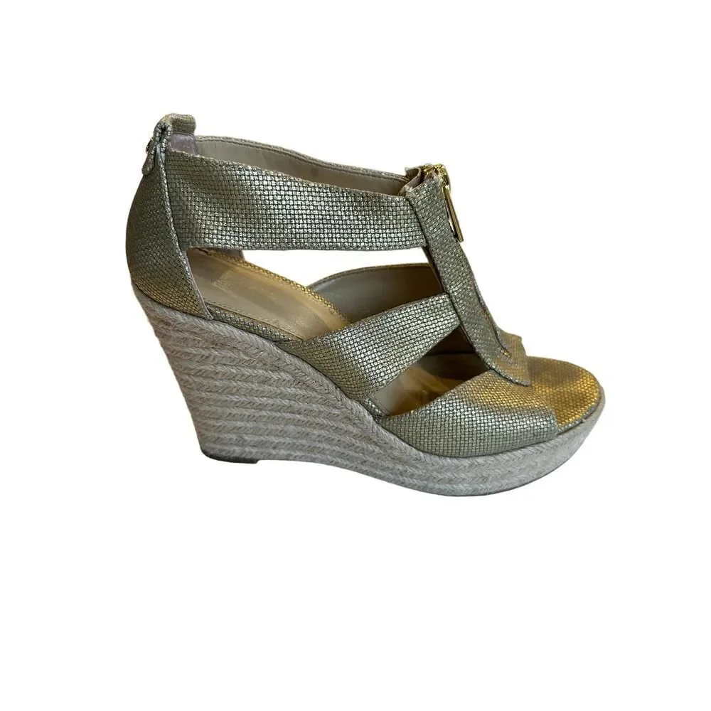 MICHAEL MICHAEL KORS Women's Damita Canvas Espadrille Wedge Gold Size 7.5